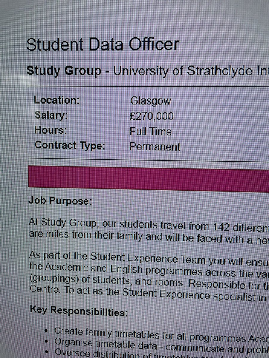 Job opportunity: salary commensurate with stress and workload.