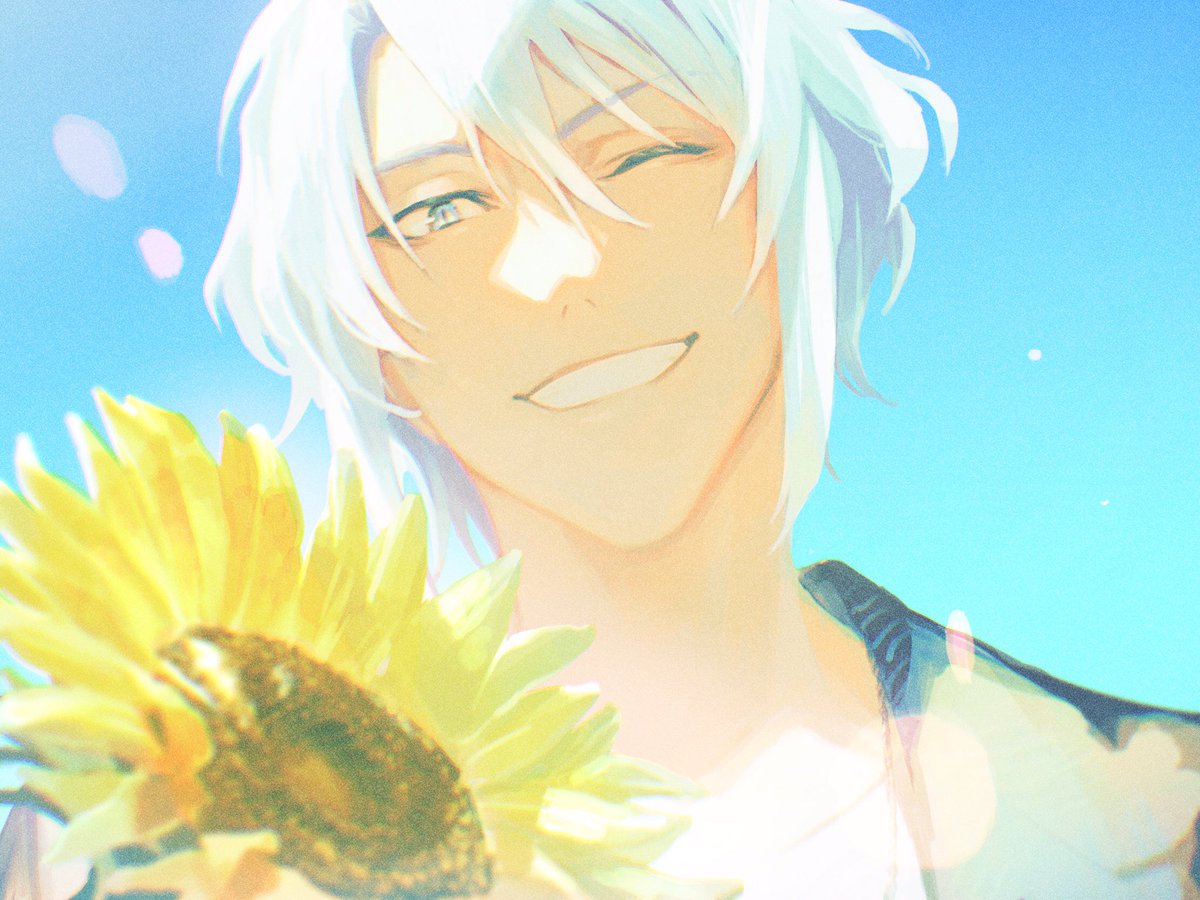 1boy sunflower flower male focus smile solo one eye closed  illustration images