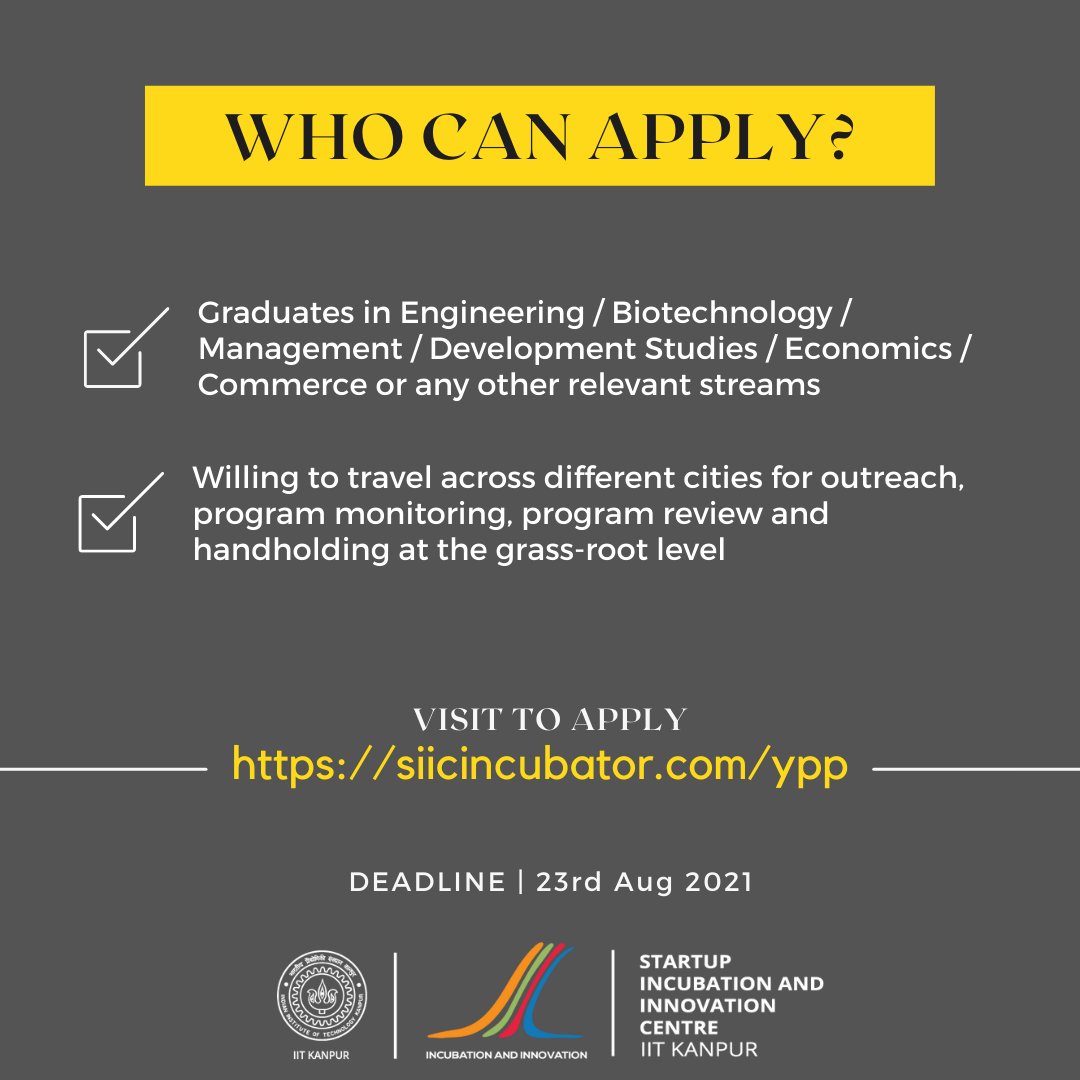 incubatorIITK's tweet image. We are inviting you for the Young Professional Program for freshers and early career stage professionals(&amp;lt; =2 years work experience) 
Apply at - siicincubator.com/ypp
Deadline - 23rd August, 2021
Reach the team on hr@siicfirst.com for any queries
#ypp #innovation #siic #iitk