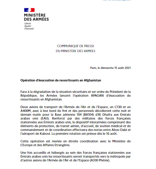 Armees_Gouv's tweet image. ❗Face à la dégradation de la situation sécuritaire et sur ordre du Président de la République @emmanuelmacron, les Armées lancent l’opération APAGAN d’évacuation de ressortissants en Afghanistan. 
#NotreDéfense
