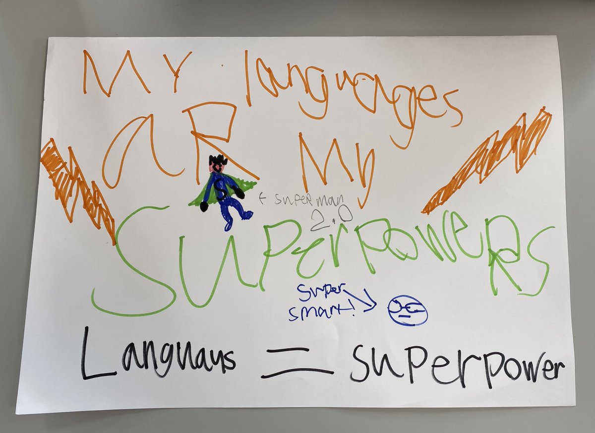 RosenowRon's tweet photo. While doing my #translanguaging presentation today to a G3 class, a boy said “My languages are my superpowers.” After almost fainting, I immediately had him make a poster with that sentence for the classroom. #multilingualclassrooms https://t.co/w2YoA9YLoi