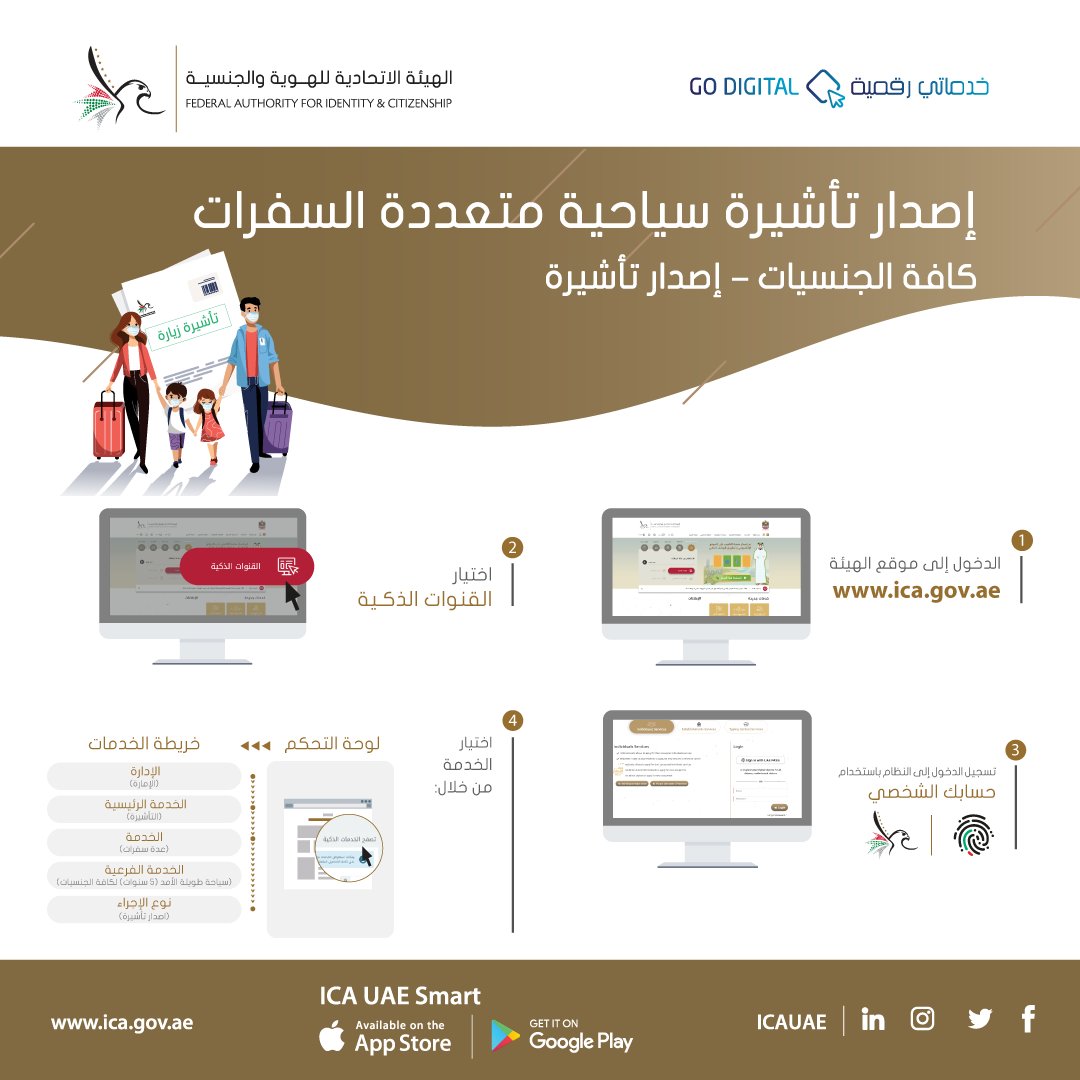 UAEICP's tweet photo. إصدار تأشيرة سياحية متعددة السفرات (كافة الجنسيات-إصدار تأشيرة) من خلال موقعنا الإلكتروني https://t.co/jZPeb4cUSn⁣

_____⁣
#الهيئة_الاتحادية_للهوية_والجنسية⁣⁣⁣⁣⁣
#خدماتي_رقمية 
#الخدمات_الذكية #الخدمات_الإلكترونية https://t.co/mJ5fNfXxot