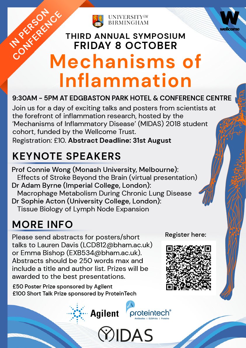 Dr Lauren Davis (@laurendavis2712) on Twitter photo Registration for the Mechanisms of Inflammation Symposium 2021 is open! Hear about cutting edge research, including keynotes from <a href="/cwonglab/">Connie Wong</a> <a href="/adbyrne/">Adam Byrne</a> and <a href="/ActonLab/">Dr Sophie Acton</a>. We can't wait to see you (in person!) at the Edgbaston Conference Centre, 8th October 2021! bit.ly/3sbLbgp Registration for the Mechanisms of Inflammation Symposium 2021 is open! Hear about cutting edge research, including keynotes from <a href="/cwonglab/">Connie Wong</a> <a href="/adbyrne/">Adam Byrne</a> and <a href="/ActonLab/">Dr Sophie Acton</a>. We can't wait to see you (in person!) at the Edgbaston Conference Centre, 8th October 2021! bit.ly/3sbLbgp