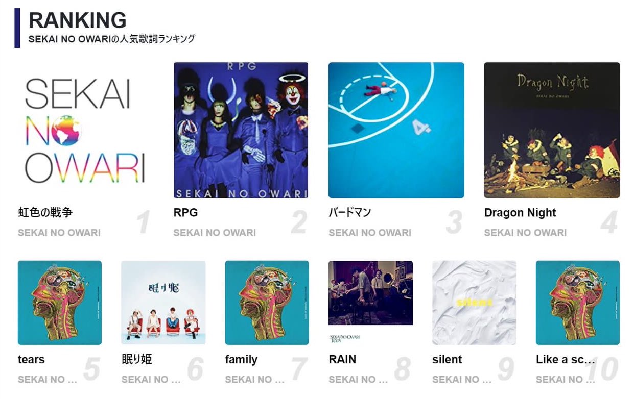 セカオワ速報 Sekai No Owari の歌詞 アクセスランキング Top10 1位 虹色の戦争 2位 Rpg 3位 バードマン 4位 Dragon Night 5位 Tears 6位 眠り姫 7位 Family 8位 Rain 9位 Silent 10位 Like A Scent
