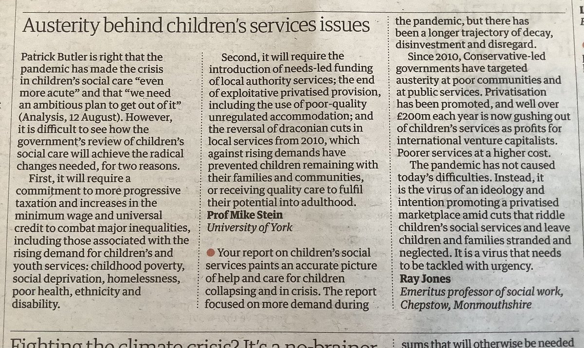 2 excellent letters in today’s #Guardian about the state of Children’s Social Care.

#CareReview
#CareReviewWatch