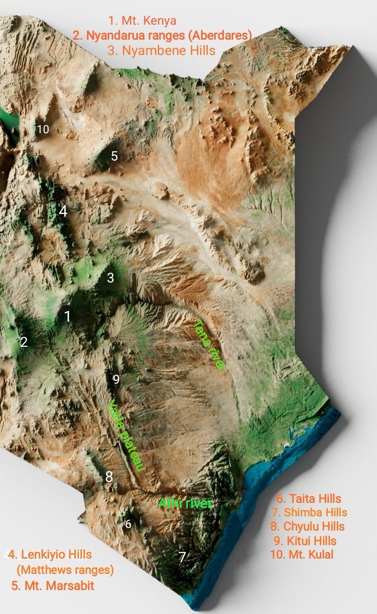 Annotated relief map showing Kenya's main highlands East and West of the Rift Valley. 

The main rivers that flow from the eastern highlands are also visible as are the mountains that dot the floor of the Rift Valley.