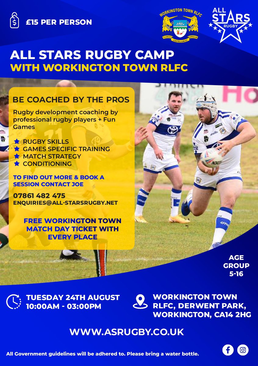 All Stars Sport (@allstarssportne) on Twitter photo We’re pleased to announce our first holiday camp in partnership with <a href="/WorkingtonTown/">Workington Town</a>
Email or call now to book your place 👍🏻 We’re pleased to announce our first holiday camp in partnership with <a href="/WorkingtonTown/">Workington Town</a>
Email or call now to book your place 👍🏻