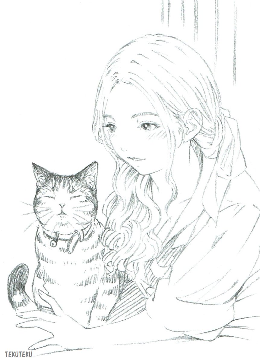 てくてく猫描♪・😊「そうやって涼しくなると寄って来よって♡」🐱「にゃあ♡」
 #illustration 
 #オリキャラ
 #鉛筆画 🎶 