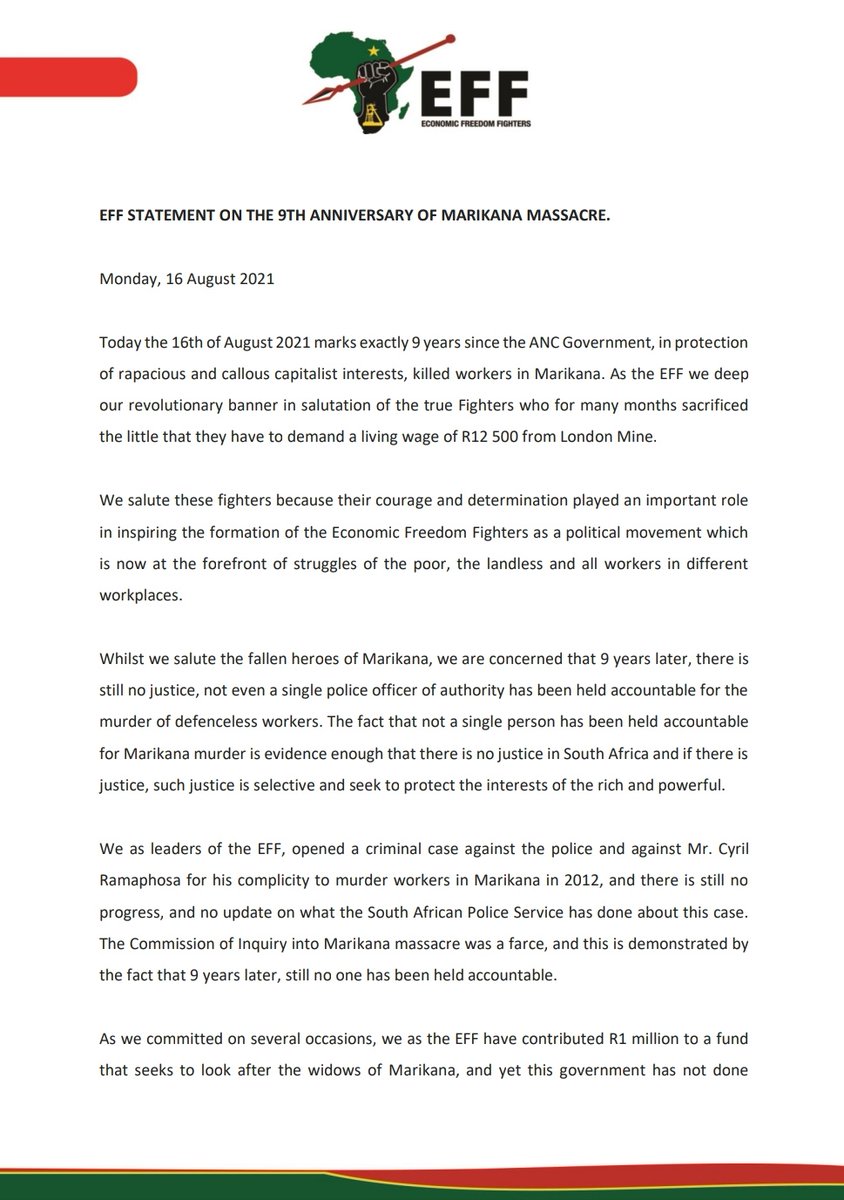 EFFSouthAfrica's tweet photo. EFF STATEMENT ON THE 9TH ANNIVERSARY OF MARIKANA MASSACRE https://t.co/g5hjMjlCZK