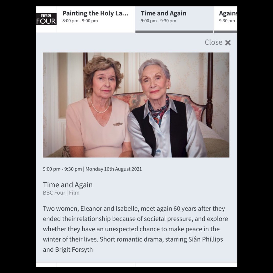 My film Time & Again is on BBC4 at 9pm tonight! Stars Dame Sian Phillips and Brigit Forsyth! 🎬❤️❤️🌈 I hope you enjoy it!! 📺💜 @DameSianP @BBC @bbc4 #timeandagainfilm #lesbianfilm #lgbtfilm #lgbtqfilm #loveislove #racheldax #sianphillips #damesianphillips #brigitforsyth