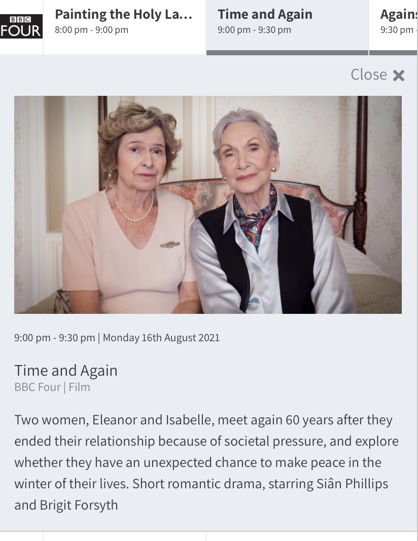 In case you missed it the first time around… our film Time & Again is showing on BBC4 at 9pm! Stars Dame Sian Phillips and Brigit Forsyth! 🎬❤️❤️🌈 I hope you enjoy it!! 📺💜 @DameSianP @bbc @bbc4 #bbc #bbc4 #sianphillips #brigitforsyth @leessii #lesbianfilm #lesbianmovie