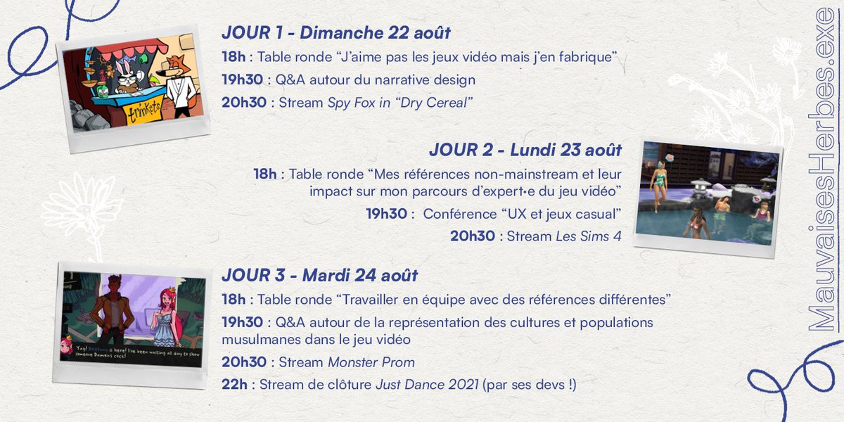 CollectifMH's tweet photo. 🌱MauvaisesHerbes.exe : le programme officiel !🌱
Passez la soirée en belle compagnie, on fournit la nostalgie, l'engagement et les hot takes.

💜 Programme des intervenant·e·s à suivre cette semaine !

➡️ Suis-nous sur Twitch : https://t.co/fiy5oFTxtT https://t.co/0eYuKlK2zb