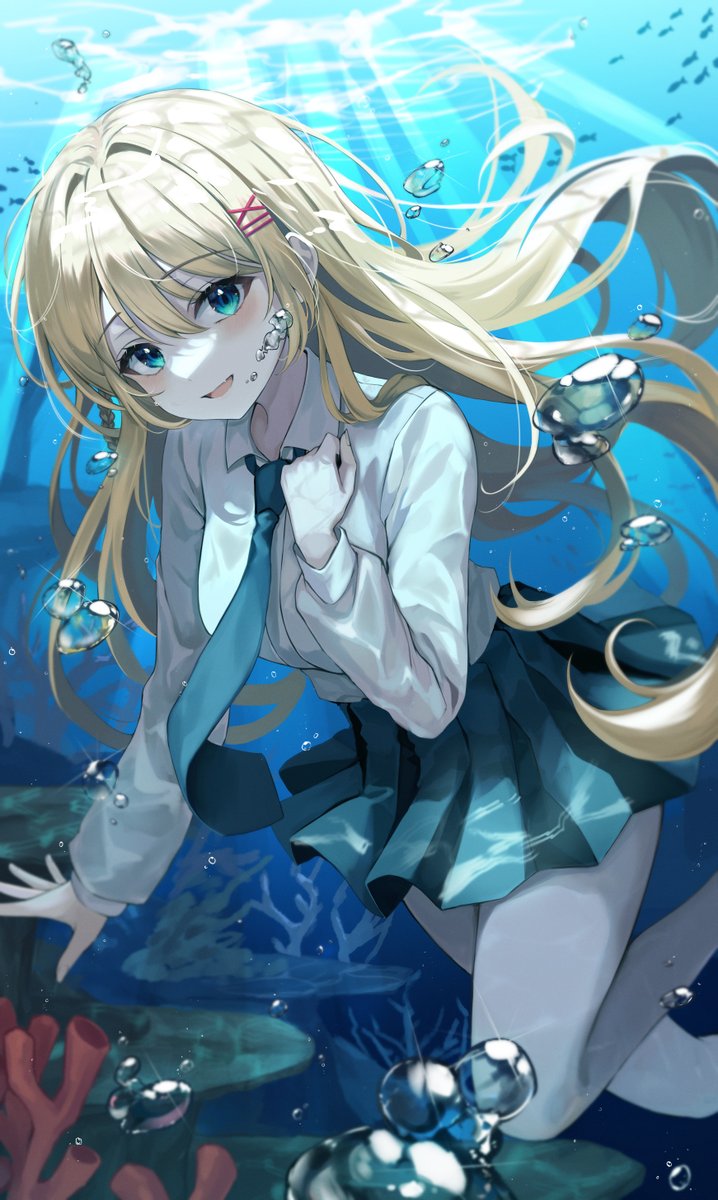 1girl blonde hair skirt necktie underwater shirt long hair  illustration images