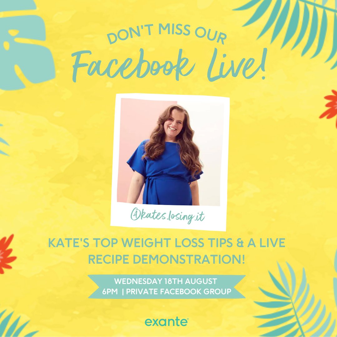 exantediet's tweet photo. Want to hear @kateslosingit1's top tips on how she lost 10+ stone? She will be going LIVE over on our Private Facebook Group Wednesday 18th at 6pm ⏰ Set your alarms - you don't want to miss this one!

Join our 48,000 members here: https://t.co/i3jJ6z9RuH

#weightlosstips https://t.co/Wg4v6NEr62