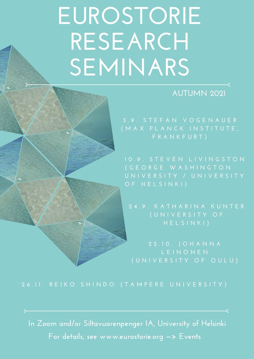 The #EuroStorie research seminar series of Autumn 2021 starts on September 3rd! The seminars will be on Fridays at 13:00 o'clock (Helsinki time). For more information on the speakers, topics and location, check our website: https://t.co/eJOyNrlwqg https://t.co/6upKjgVmYy