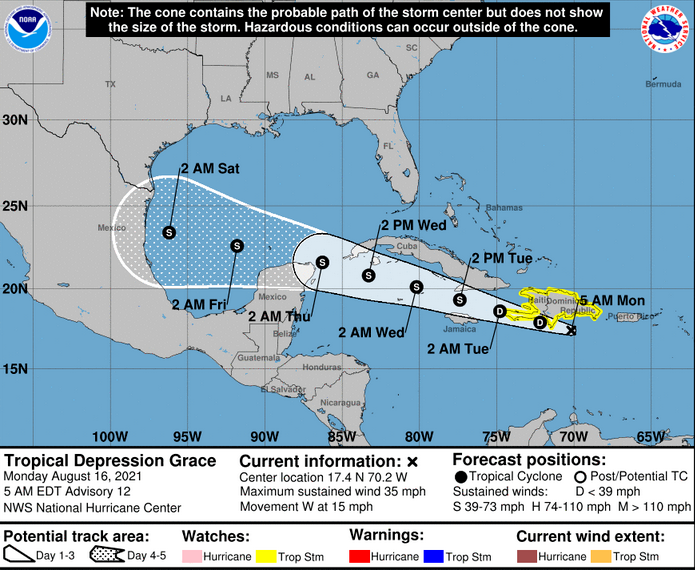 RudyMeteo's tweet photo. Bonjour à tous !
La dépression tropicale Grace est localisée ce matin à  5 h à 260 km au sud-sud-est de Port-au-Prince. Elle continue vers l’ouest et devrait passer sur ou près de la presqu'ile du sud cet après-midi et ce soir. https://t.co/EnJYd0iCa6