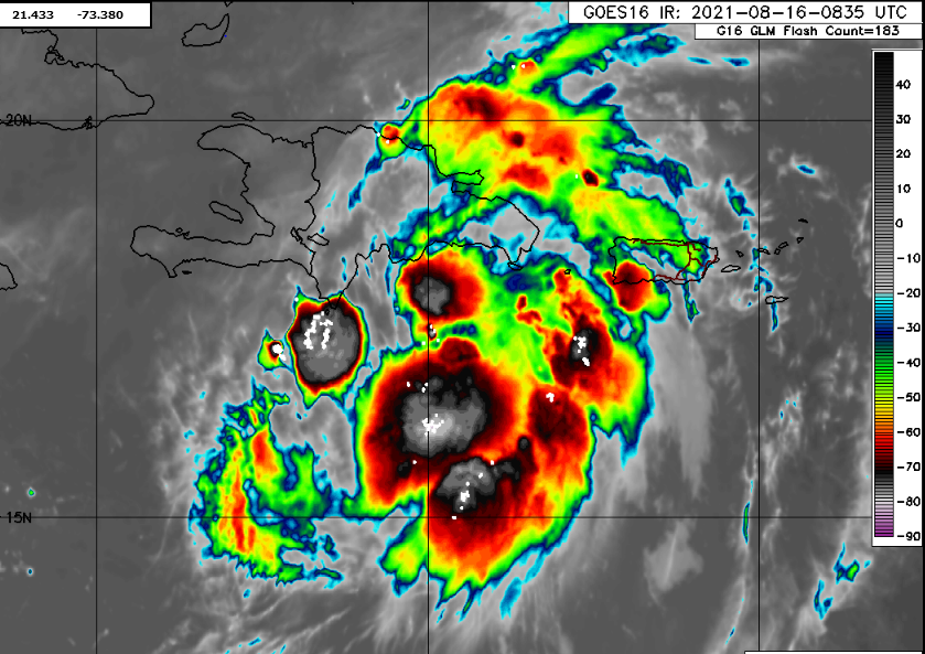 RudyMeteo's tweet photo. Bonjour à tous !
La dépression tropicale Grace est localisée ce matin à  5 h à 260 km au sud-sud-est de Port-au-Prince. Elle continue vers l’ouest et devrait passer sur ou près de la presqu'ile du sud cet après-midi et ce soir. https://t.co/EnJYd0iCa6