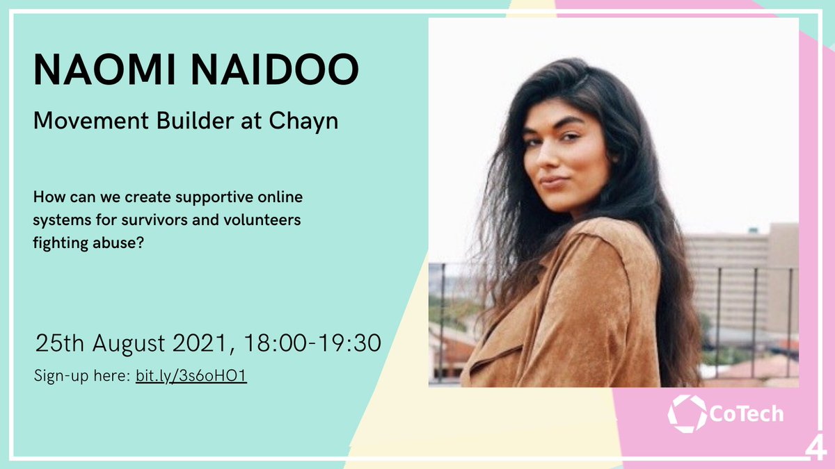 <a href="/nainaydoo/">Naomi Alexander Naidoo 🪬</a> is a Movement Builder at <a href="/ChaynHQ/">Chayn 💖🌈</a>. She’s using tech to grow Chayn’s global movement against gender-based violence. 🌍🤲

Hear Naomi speak with 3 other fighters about tech’s potential 👉bit.ly/3s6oHO1
