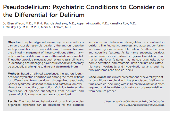 MarkOldhamMD's tweet photo. We use "#pseudodelirium as linguistic shorthand to describe the phenomenon of a psychiatric condition that presents with a clinical phenotype that very closely resembles delirium, especially where mistaken for #delirium."

Sincere thanks to my co-authors!

https://t.co/8p6Cguv3YR https://t.co/Ln3zutzuSY