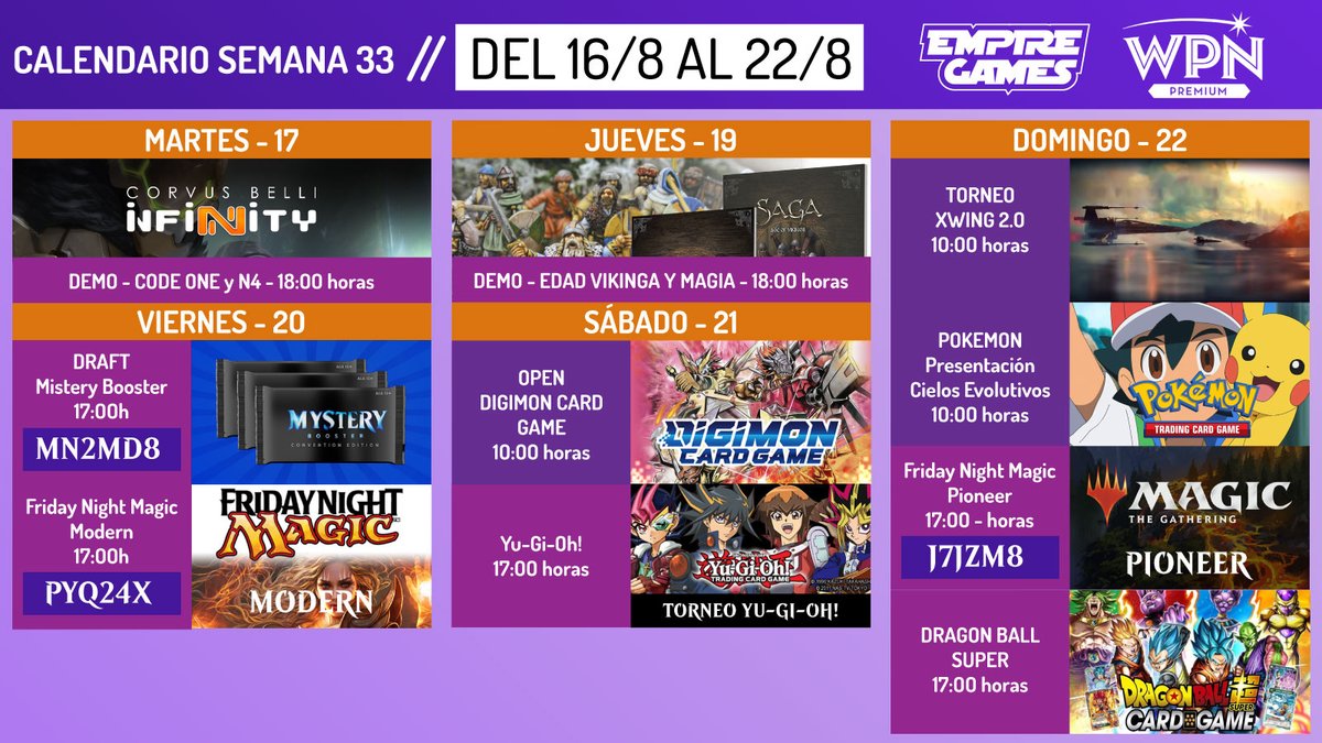 empiregames_sev's tweet photo. [TORNEOS 16-22 de AGOSTO]
en #EmpireGames
Demo de #Infinity el martes y de #Saga el jueves
#Magicthegathering #DragonBallSuper, #YuGiOh y #PokemonTCG.
📍Grand Open de #DigimonCG el sábado
📍Torneo de #XWing2 el domingo
¡No te los pierdas! https://t.co/4w8QHpiRfZ