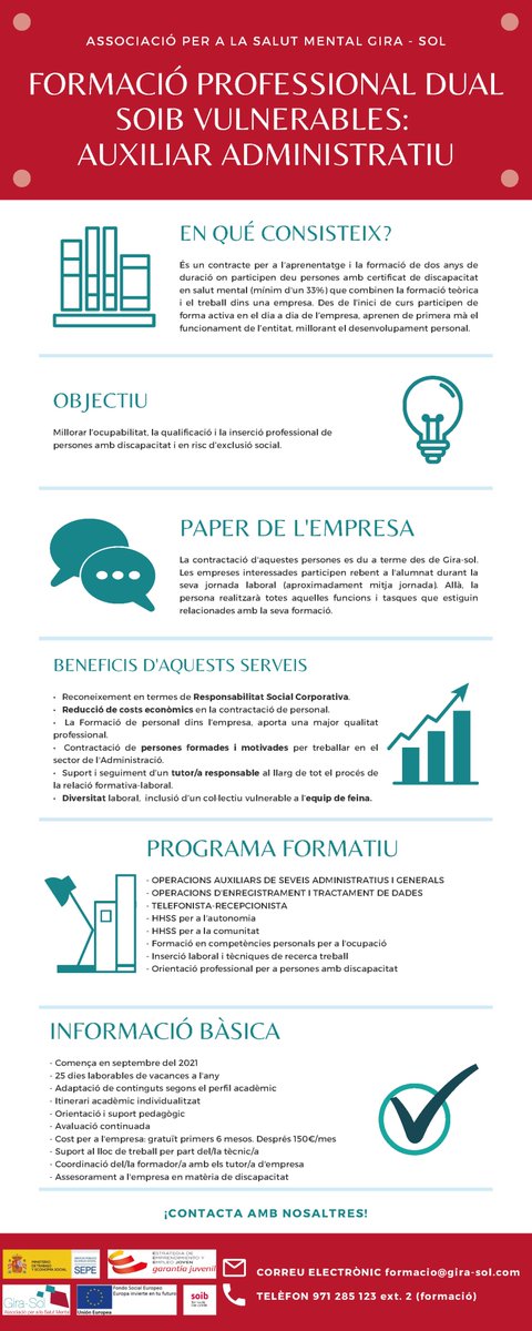 GIRASOLSalutMen's tweet photo. 💪Apostam per la #FormacióDual #SOIBDual per millorar l'ocupabilitat, qualificació i inserció laboral de persones amb discapacitat per trastorn de #SalutMental

📢Nou curs🧑‍💻Auxiliar administratiu amb suport de @SOIBgoib i @empleo_SEPE

Ets una empresa? Descobreix com col·laborar! https://t.co/1gFWoecidB