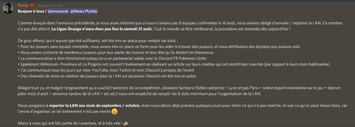 hugoausprint's tweet photo. 📣 Communiqué concernant "La Ligue Orange", ma LAN #PokemonUNITE 

TL;DR : pas assez de joueurs, la LAN est annulée / reportée !

On va apprendre des erreurs et on reviendra plus forts 💪 https://t.co/JMMHMkPTtJ