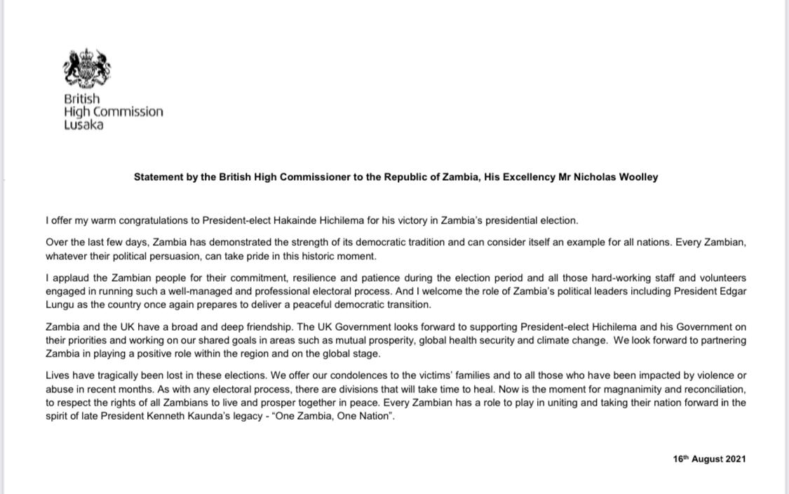 I offer my warm congratulations to President-elect <a href="/HHichilema/">Hakainde Hichilema</a> on his victory in Zambia's presidential election &amp; applaud the Zambian people for once again demonstrating the strength of their nation's democratic tradition.

Full statement below ⬇️