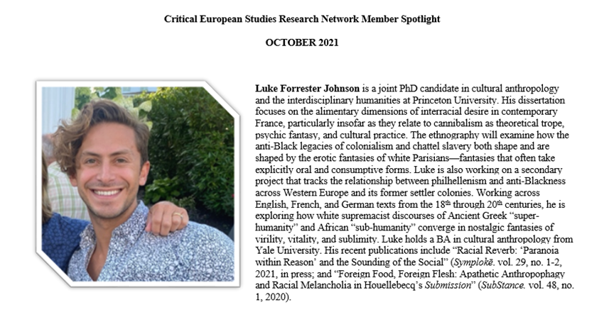 GlobalEurope's tweet photo. Meet Luke Forrester Johnson, our October Member Spotlight! Luke is pursuing a joint PhD at @Princeton @PrincetonAnthro. Read about his fascinating #interdisciplinary research &amp; recent publications. #humanities #socialsciences #europeanists @CES_Europe https://t.co/scvyqsGhMV