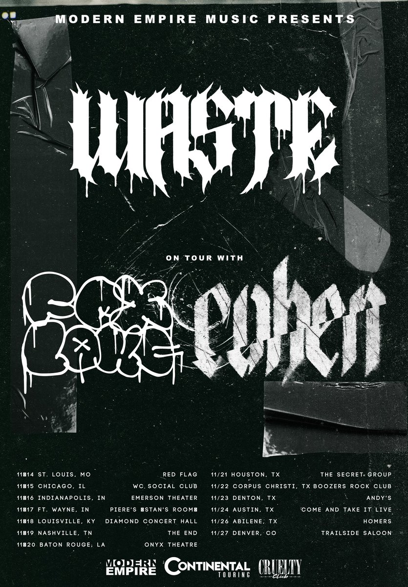 We are beyond stoked to hit the road with our label mates, <a href="/foxlakeco/">Fox Lake</a> and @CohenNoise. Find your date and get ready for this tour to decimate a city near you 💀

Brought to you by
<a href="/Modernempirerec/">Modern Empire Music</a> 
<a href="/Continental_USA/">Continental Touring</a>