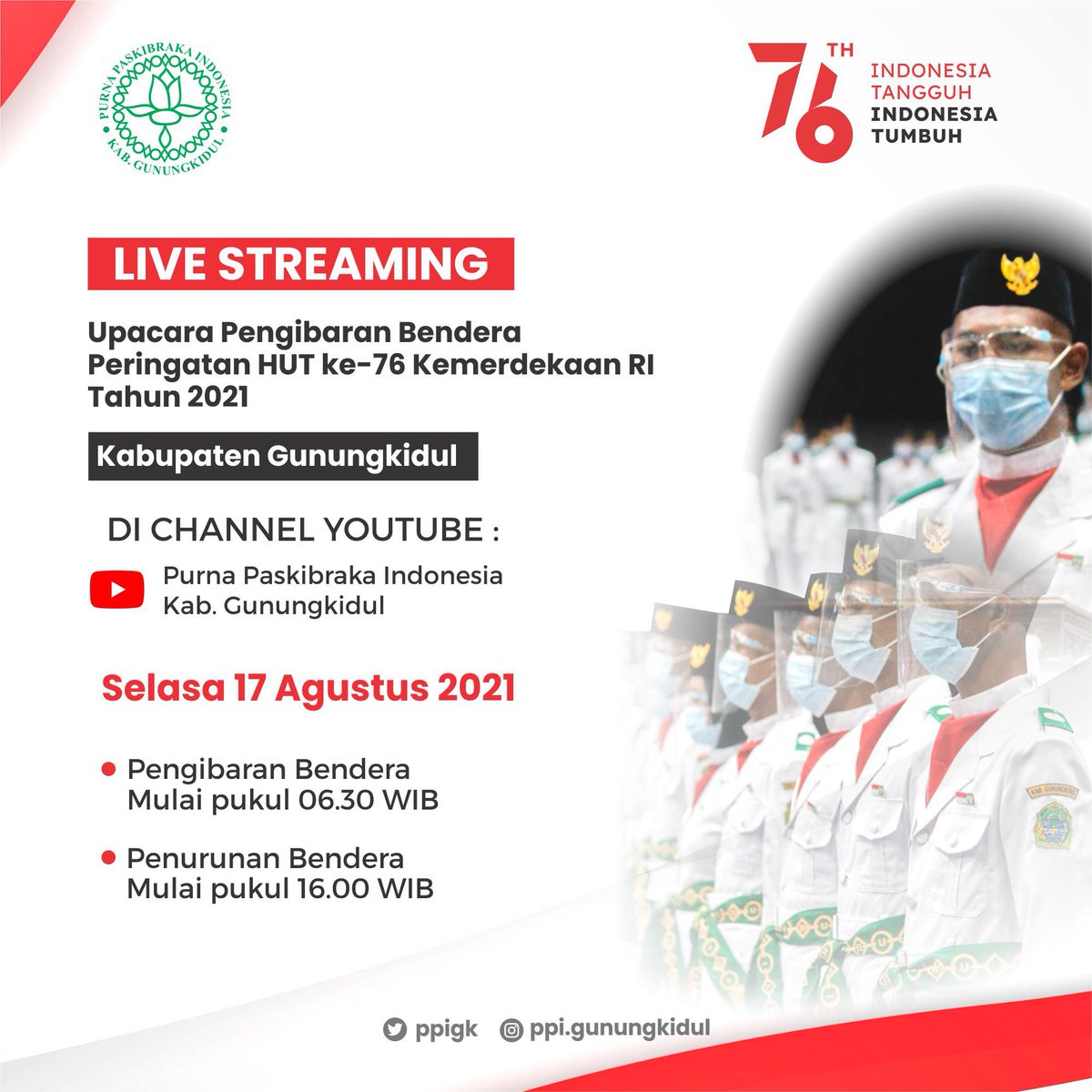 Tanpa mengurangi rasa hormat bahwasanya besok pengibaran dilaksanakan secara terbatas.. 
Untuk sarana bagi teman-teman dan masyarakat umum yang ingin melihat jalannya pengibaran dan penurunan bendera di alun-alun wonosari bisa streaming di link yang tertera di Bio kami❤️