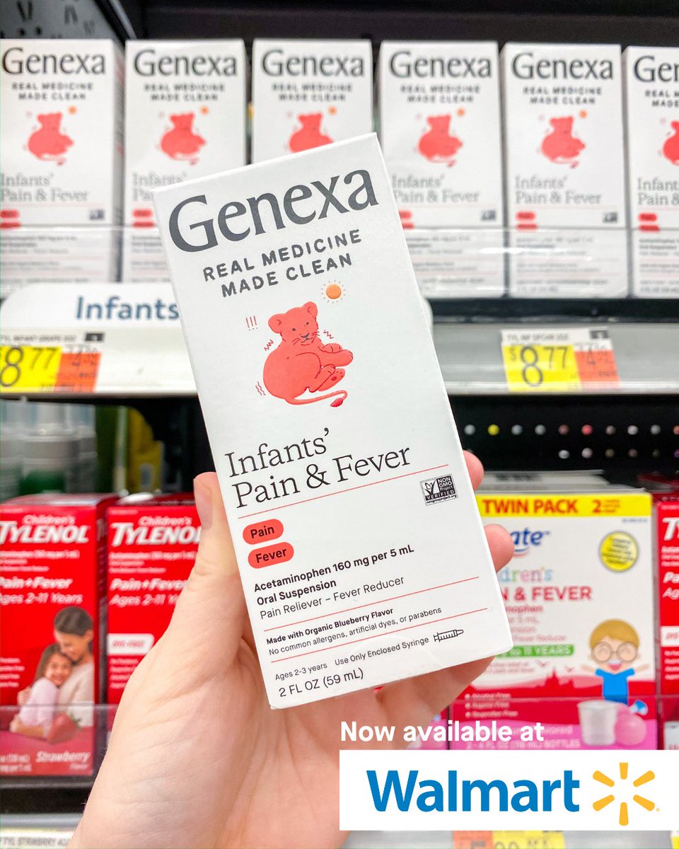 On-shelf alert! Our Infants’ Pain &amp; Fever is now stocked at Walmart Supercenter stores. It’s the first ever infants’ acetaminophen that’s free of any synthetic dyes, common allergens and unnecessary fillers. So you can feel better about making them feel better.