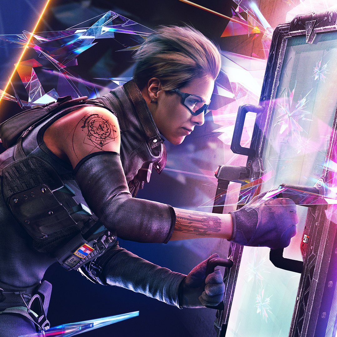 The new operator, Osa, holds a transparent shield out before her in front of an abstract background of crystals.