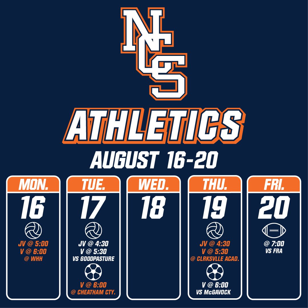 _NCSathletics's tweet photo. Big week ahead for NCS Athletics!!
🏐 - busy week ahead with games against @whhhspats, @GCSsportstweets , and @CAcougarsTN 
⚽️ - matchups against @cheathamcubs and @mcgavock_high 
🏈 - a big matchup to start the season off against @FRAFootball https://t.co/qlzzk5zNrO