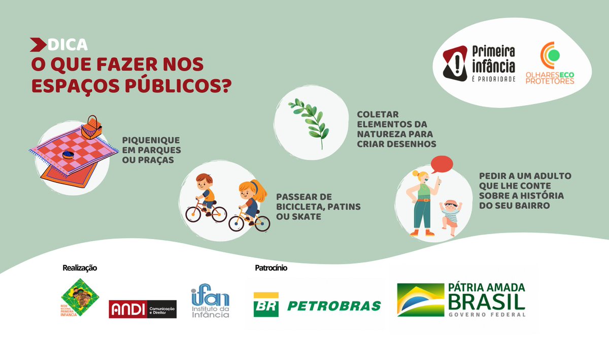 Apesar de ainda estarmos em pandemia de Covid-19, algumas atividades lúdicas podem ser realizadas com as crianças nos espaços públicos das cidades. Um piquenique no parque, que tal? Só não se esqueçam de usar máscara e evitar aglomerações, ok?#institutodainfancia #petrobras