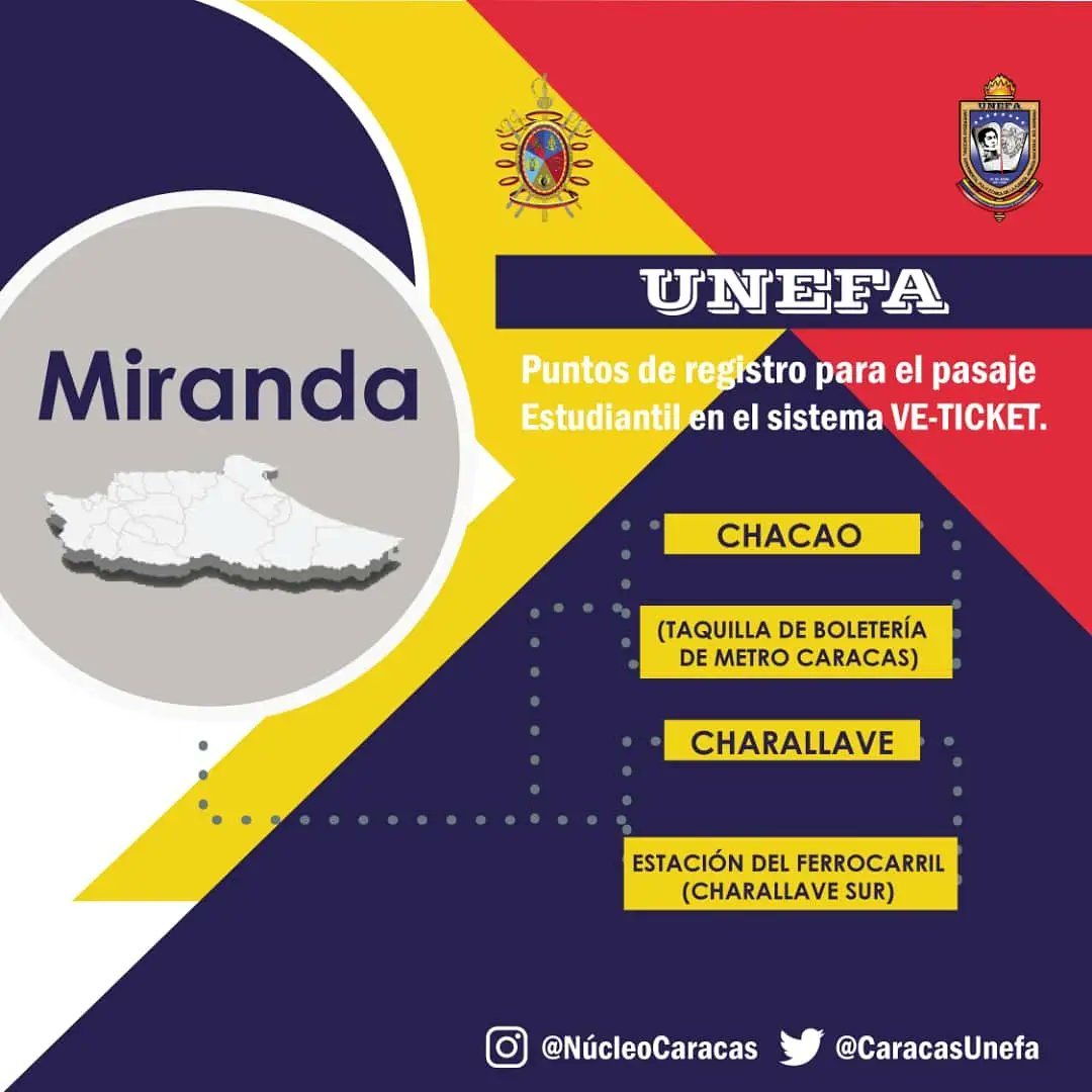 CaracasUnefa's tweet photo. UNEFA Núcleo Caracas informa a nuestra población estudiantil que inicio el registro para el pasaje Estudiantil en el sistema VE-TICKET.
#UnefanúcleoCaracas 
#UnefaExcelenciaEducativa https://t.co/zFtl2JZKBs