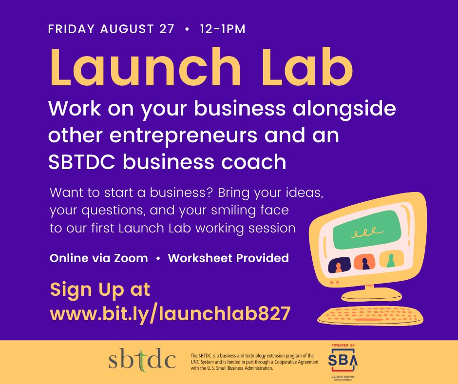 Have an idea for a business and want some structure and accountability? Sign up for our Launch Lab working session on 8/27 from 12-1PM bit.ly/launchlab827