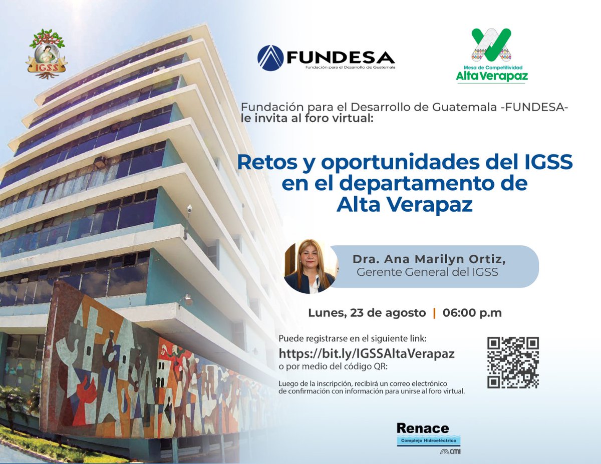 MesaComp_AV's tweet photo. Los invitamos a participar al #ForoVirtual: Fortalecimiento del @Noticias_IGSS - Instituto Guatemalteco de Seguridad Social en Alta Verapaz
🗓️ Lunes, 23 agosto
⏰ 6:00 PM
➡️ https://t.co/CAsuO9K27t https://t.co/tvRtqM1oxx