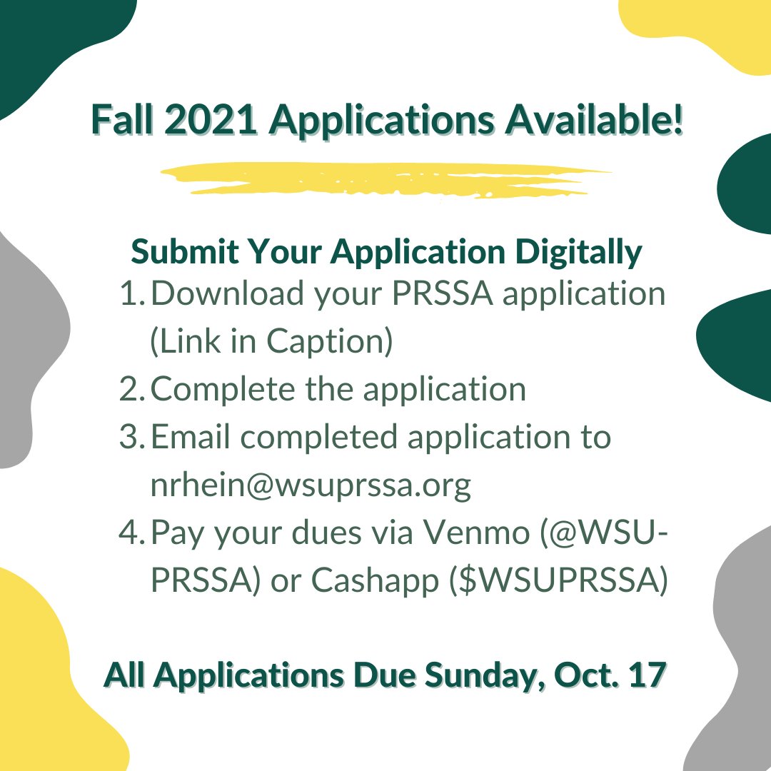 wsuprssa's tweet image. WSU PRSSA membership applications are now available for the fall semester and are due by Sunday, Oct. 17! PRSSA membership will give you access to networking opportunities, informational events, and scholarships! You can download your application here: bit.ly/37ZNIRT