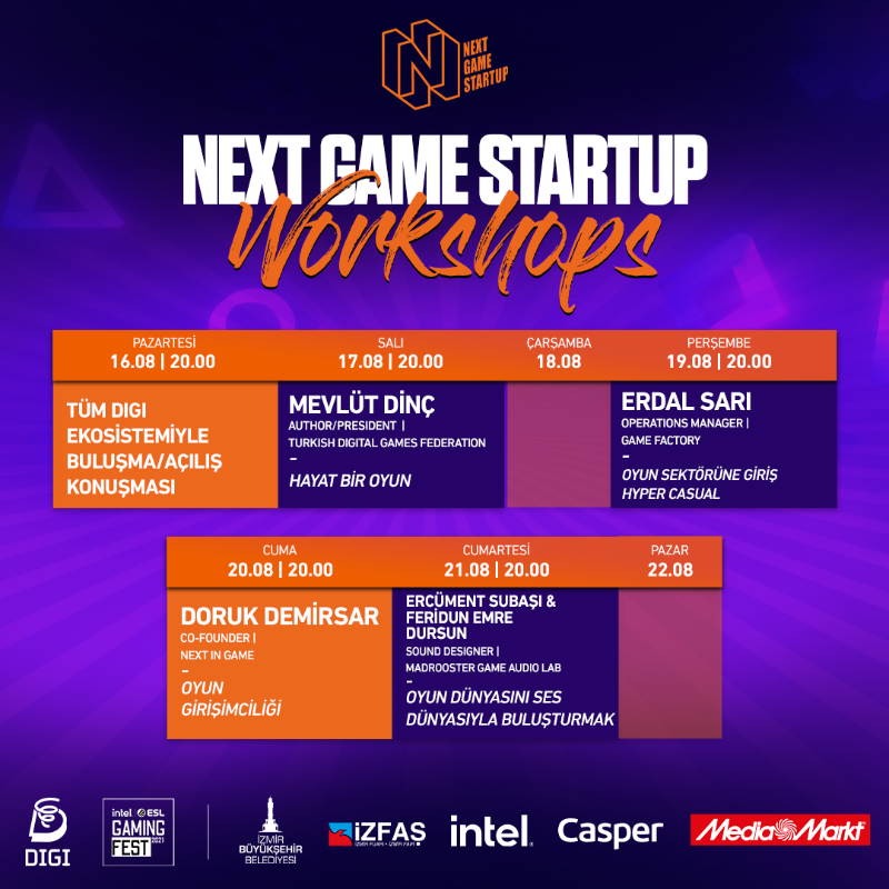 NextGameStartup's tweet photo. 🗓️💫 Birbirinden değerli konuşmacılar ve eğitmenlerle yapılacak Next Game Startup workshopları ile yarışmacılar seviye atlayacak! #nextgamestartup #ngs2021