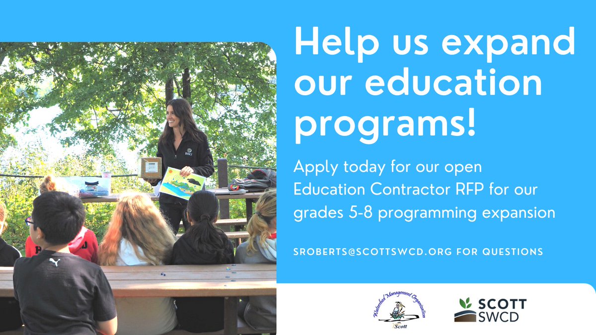 ScottSwcd's tweet image. We want to expand our youth education programs! We're seeking a qualified individual or firm who will work with us to enhance our 5th-8th grade programming

For more details or to apply to our open request, visit: scottswcd.org/post/scott-swc…