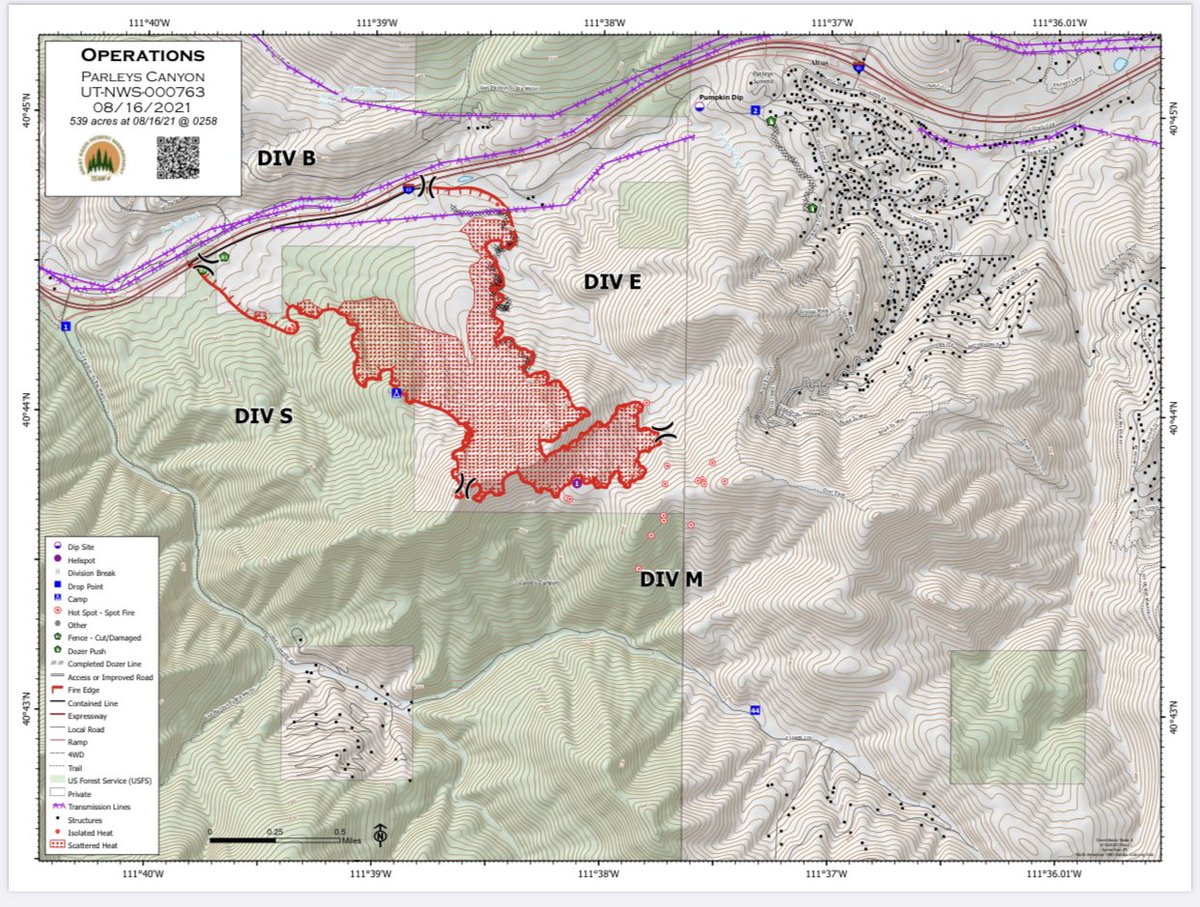 brian_schnee's tweet photo. And this map indicates a number of spot fires outside of Division M (red dots) at the time of the IR flight overnight. 

You can see the red checkerboard area indicating scattered 🔥 heat.

#ParleysCanyonFire https://t.co/5Q1XhM60eg