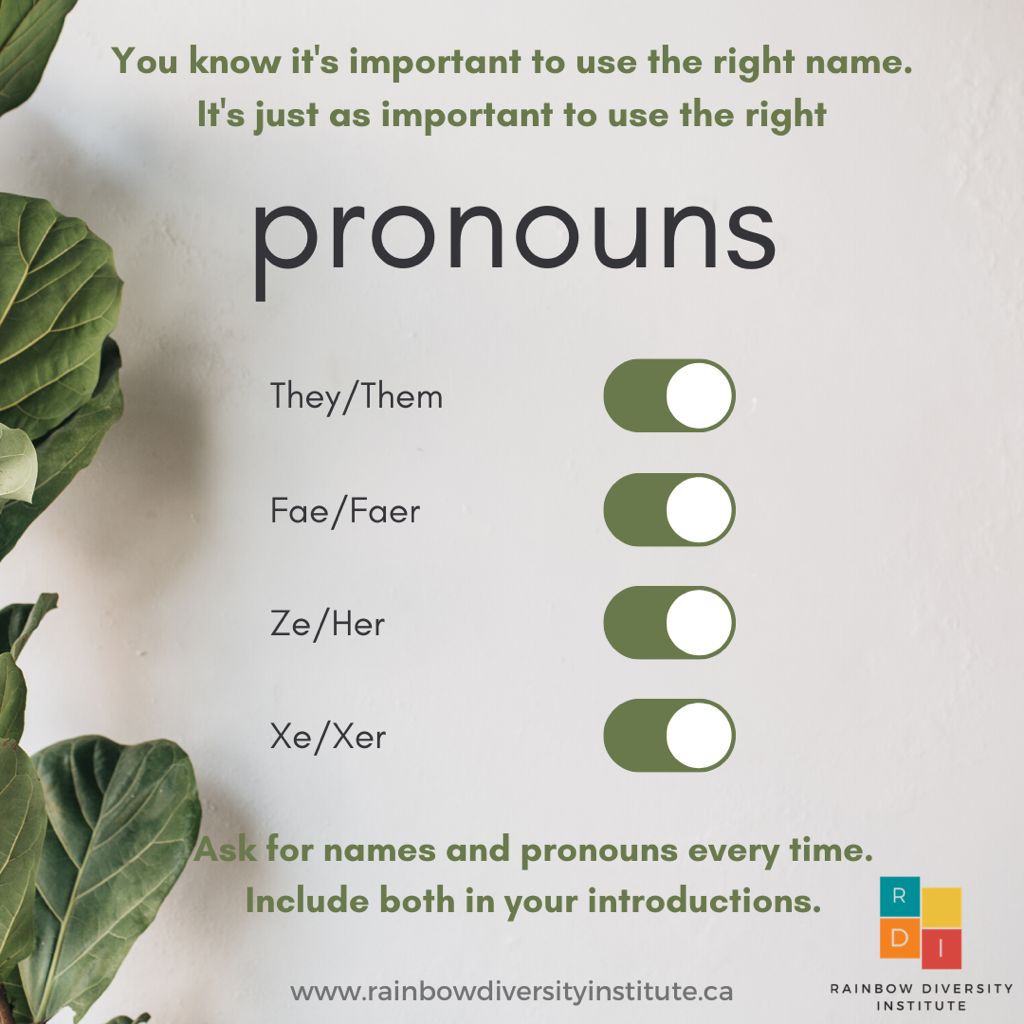 rainbowdiverse's tweet photo. You know it's important to use the right name. It's just as important to use the right pronouns!
Visit the https://t.co/t5onJtXn1v to learn more. #pronouns #equity #diversity #inclusionmatters #pronounsmatter #2SLGBTQIA+ https://t.co/paZ2ZMFc2s