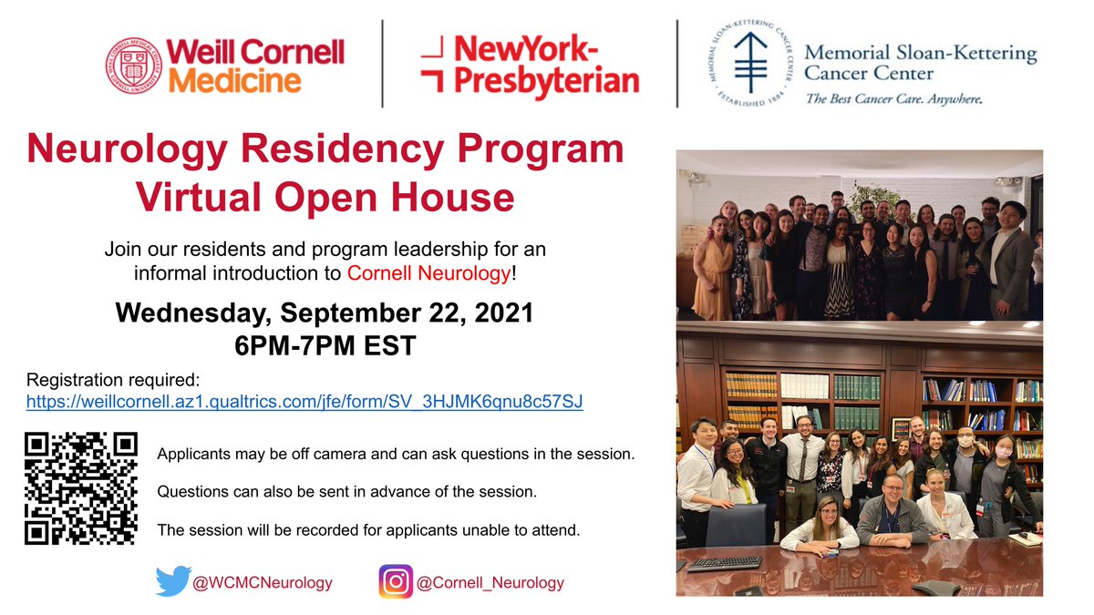We look forward to meeting #neurology residency applicants at our virtual open house events! @WeillCornell @nyphospital @sloan_kettering @NMatch2022 @MatchNeuro #NeuroTwitter 1. Make Your Match @WCMDiversityCtr, 9/18 12-3PM EST 2. #Neurology Residency Open House, 9/22 6-7PM EST