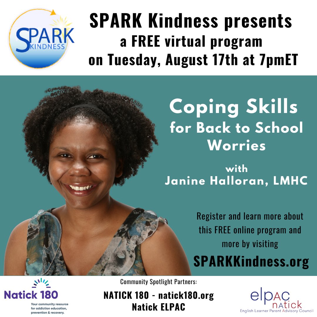 ⁦⁦@natickps⁩ …Great opportunity to help your student return to school. Join ⁦@sparkkindness⁩ for this presentation tomorrow night at 7pm.