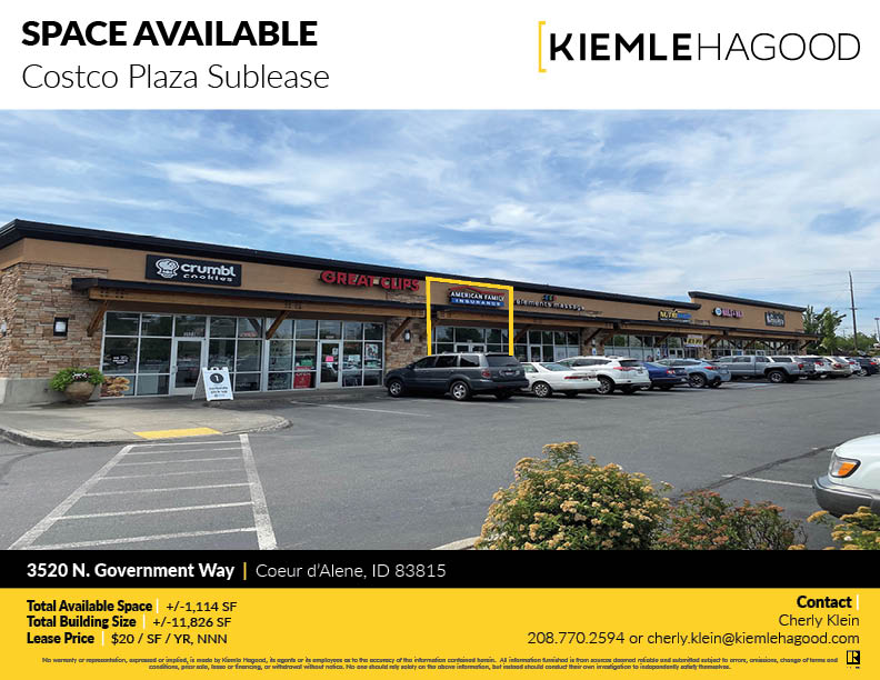 Space available for sublease at Costco Plaza. Contact Cheryl Klein at 208.770.2594 #cherylklein #kiemlehagood #coeurdaleneid