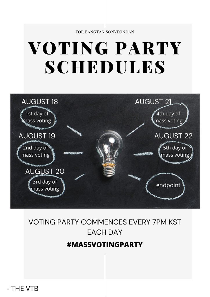cupvaketk's tweet image. Are you ready to join the party? Here is the schedule for the mass voting that will happen for the upcoming days. Please be guided, set your alarms and remember to encourage your friends to join! Always know that we are doing this for bts! 
#MassVotingParty