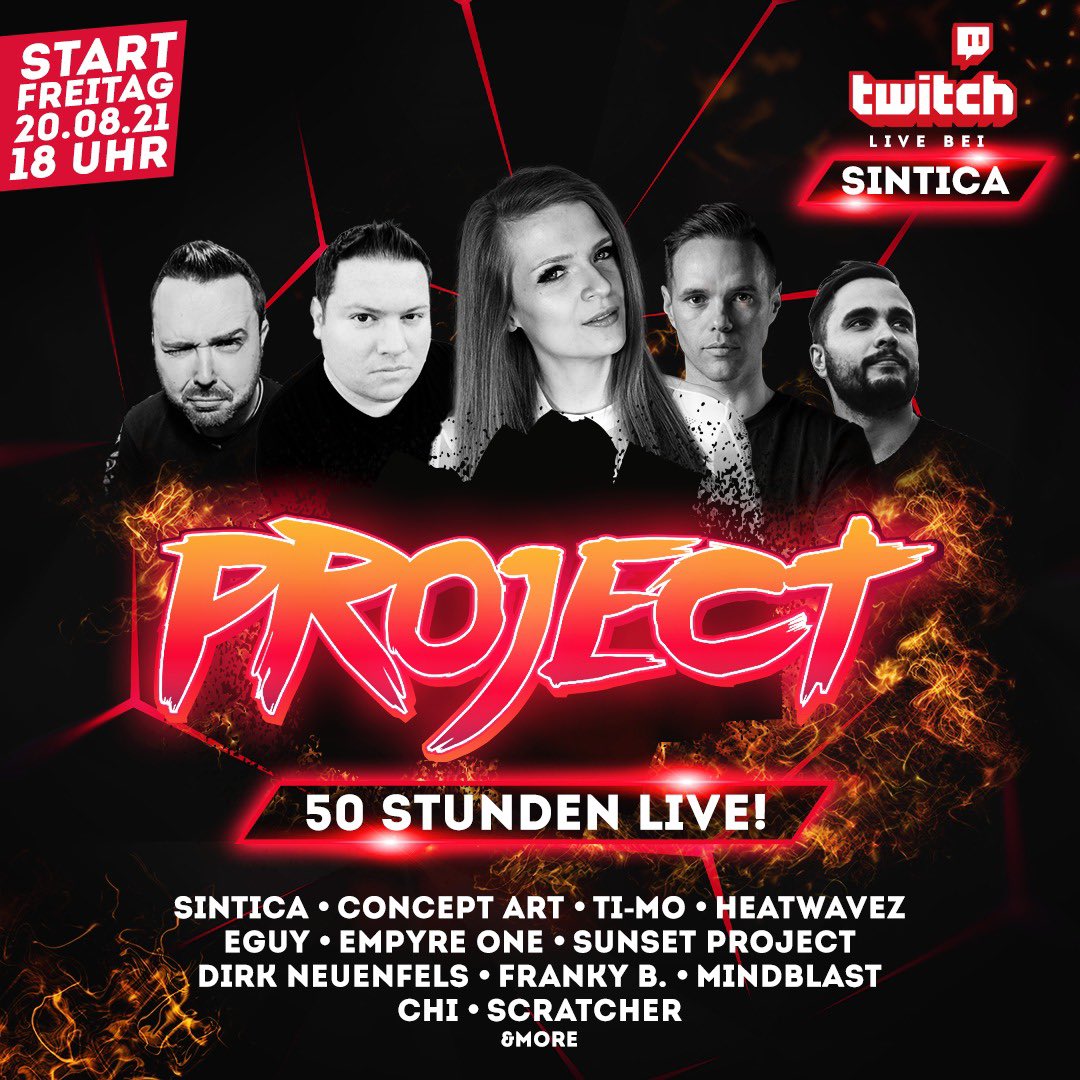 Freitag ab 18 Uhr starten wir in die erste Runde vom Project! 

50 Stunden non Stop live für euch auf meinem Twitch Kanal! 

Musik, Interviews, Spaß, Gaudi! 

Unter anderem mit dabei: Concept Art, Ti-Mo, Clockartz, Dirk Neuenfels und viele mehr!
