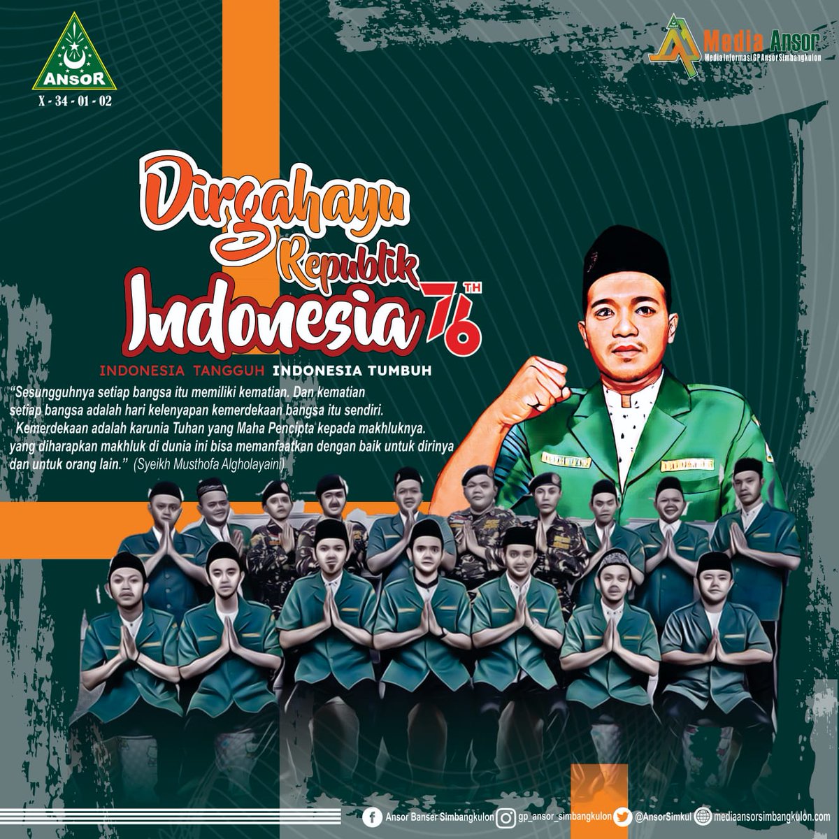 AnsorSimkul's tweet photo. Keluarga Besar PR GP Ansor Kelurahan Simbangkulon Mengucapkan
*Dirgahayu Negara Kesatuan Republik Indonesia ke 76 INDONESIA TANGGUH INDONESIA TUMBUH*

#jateng71
#hutri76
#dirgahayuindonesia
#DirgahayuRI76 https://t.co/V6QDQITrdr