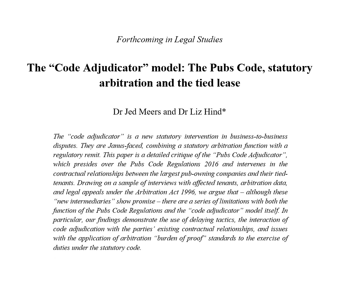 Jed Meers (@jed_meers) on Twitter photo Some new research by <a href="/LizHind3/">Liz</a> and me on the Pubs Code Regulations + <a href="/pubscodepca/">Pubs Code Adjudicator</a>, out soon in Legal Studies. It looks at the problems facing publicans on tied leases and argues that the Pubs Code is not currently working as it should. Free download here: privpapers.ssrn.com/sol3/papers.cf… Some new research by <a href="/LizHind3/">Liz</a> and me on the Pubs Code Regulations + <a href="/pubscodepca/">Pubs Code Adjudicator</a>, out soon in Legal Studies. It looks at the problems facing publicans on tied leases and argues that the Pubs Code is not currently working as it should. Free download here: privpapers.ssrn.com/sol3/papers.cf…