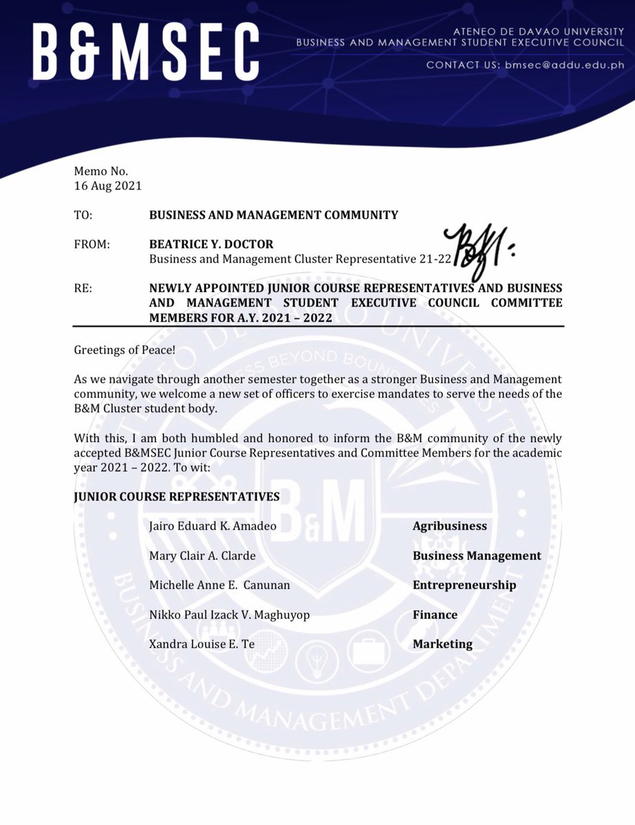 AdDU_BMSEC's tweet photo. MEMO | Memo No. 02 re: Newly Appointed Junior Course Representatives and B&amp;MSEC Committee Members for A.Y. 2021-2022

Congratulations, Vipers! For widest dissemination. https://t.co/HQzXxAoMJi